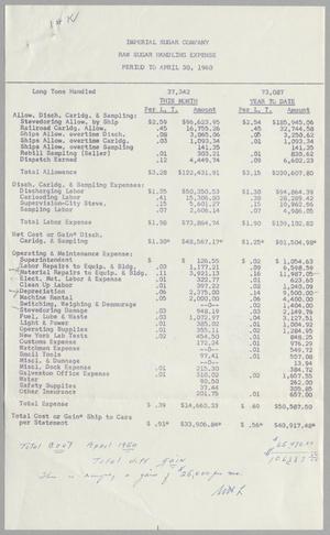 [Imperial Sugar Company, Raw Sugar Handling Expense, April 30, 1960]