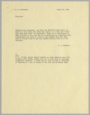 [Letter from I. H. Kempner to R. M. Armstrong, March 28, 1960]