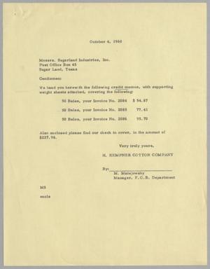 [Letter from H. Kempner Cotton Company to Sugarland Industries, Inc., October 4, 1960]