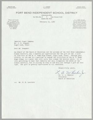 [Letter from L. A. Wheeler to Imperial Sugar Company, February 23, 1960]