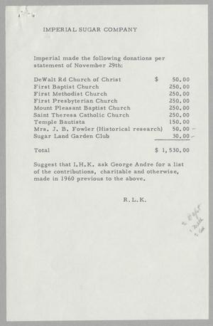 [Imperial Sugar Company Donation Statement, 1960]