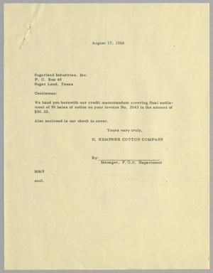 [Letter from H. Kempner Cotton Company to Sugarland Industries, Inc., August 17, 1960]