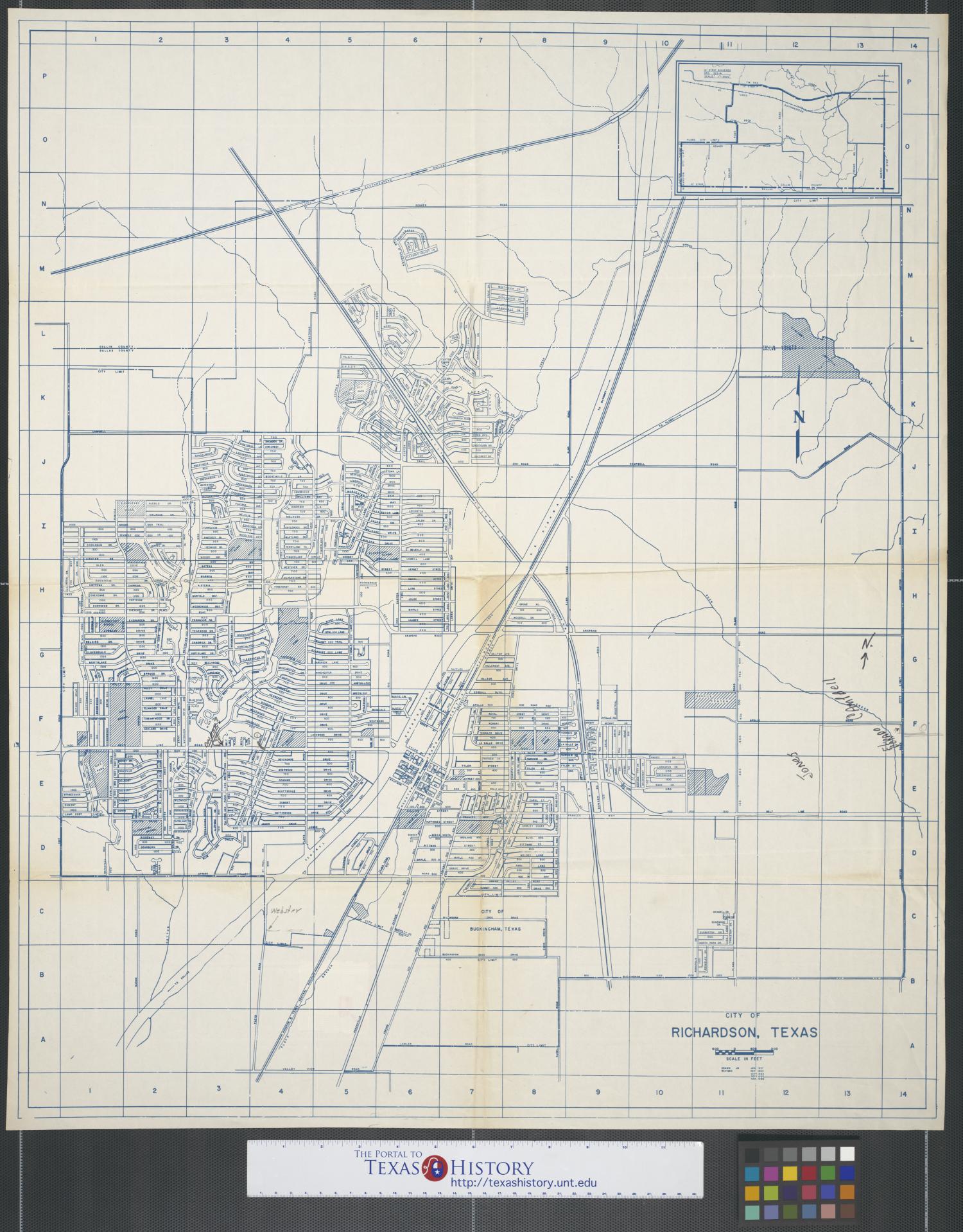 [Map of] City of Richardson, Texas, Map of Richardson, Texas. The town boundaries are marked as well as the streets, land divisions, and creeks. Scale 1:1,200., 