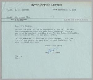 [Letter from Thomas L. James to I. H. Kempner, September 6, 1957]