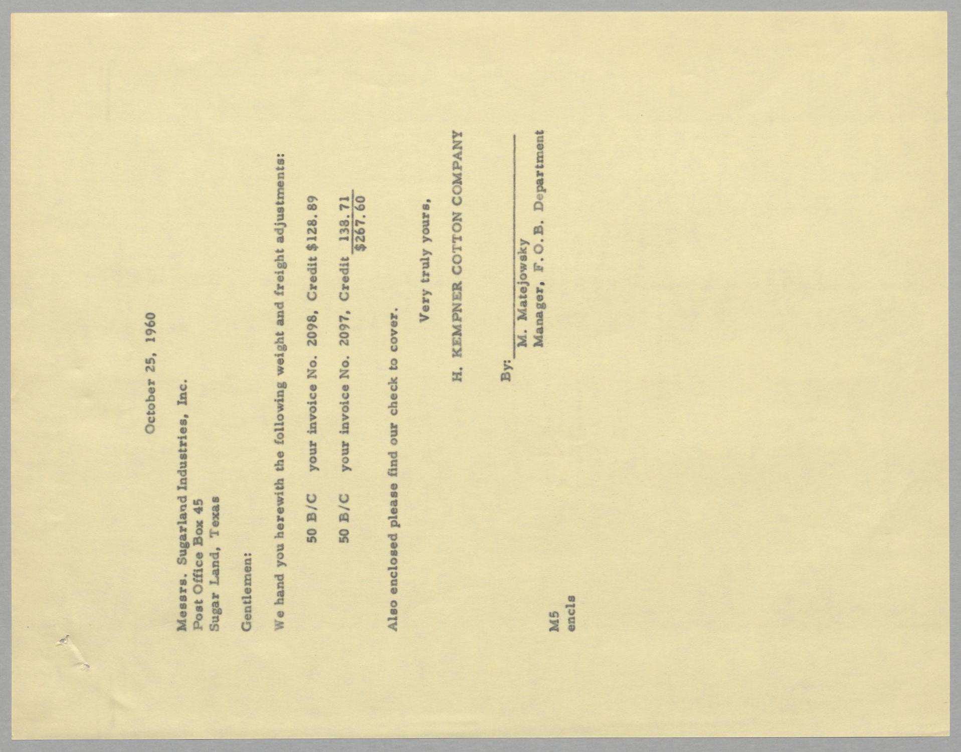 [Letter from H. Kempner Cotton Company to Sugarland Industries, Inc., October 25, 1960]
                                                
                                                    [Sequence #]: 1 of 2
                                                