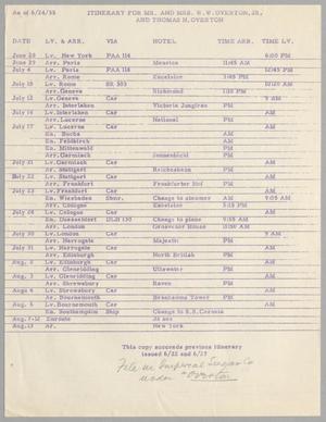 Itinerary for Mr. and Mrs. W.W. OVerton, Jr. and Thomas N. Overton: As of 6/24/55