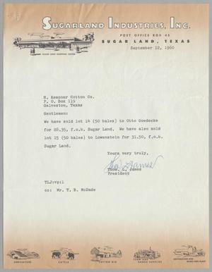 [Letter from Thomas L. James to H. Kempner Cotton Company, September 12, 1960]