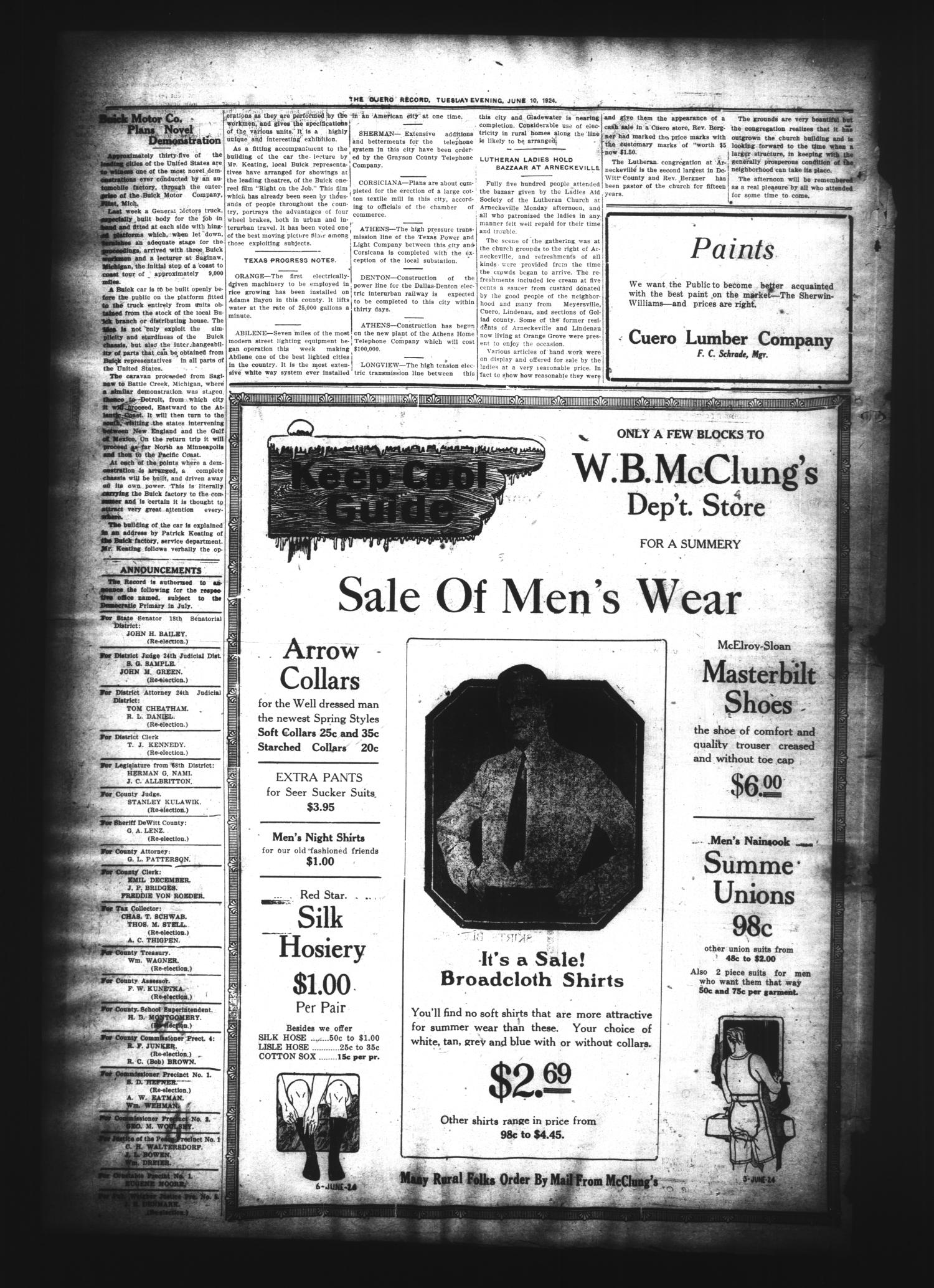 The Cuero Daily Record (Cuero, Tex.), Vol. 60, No. 137, Ed. 1 Tuesday, June 10, 1924
                                                
                                                    [Sequence #]: 4 of 6
                                                