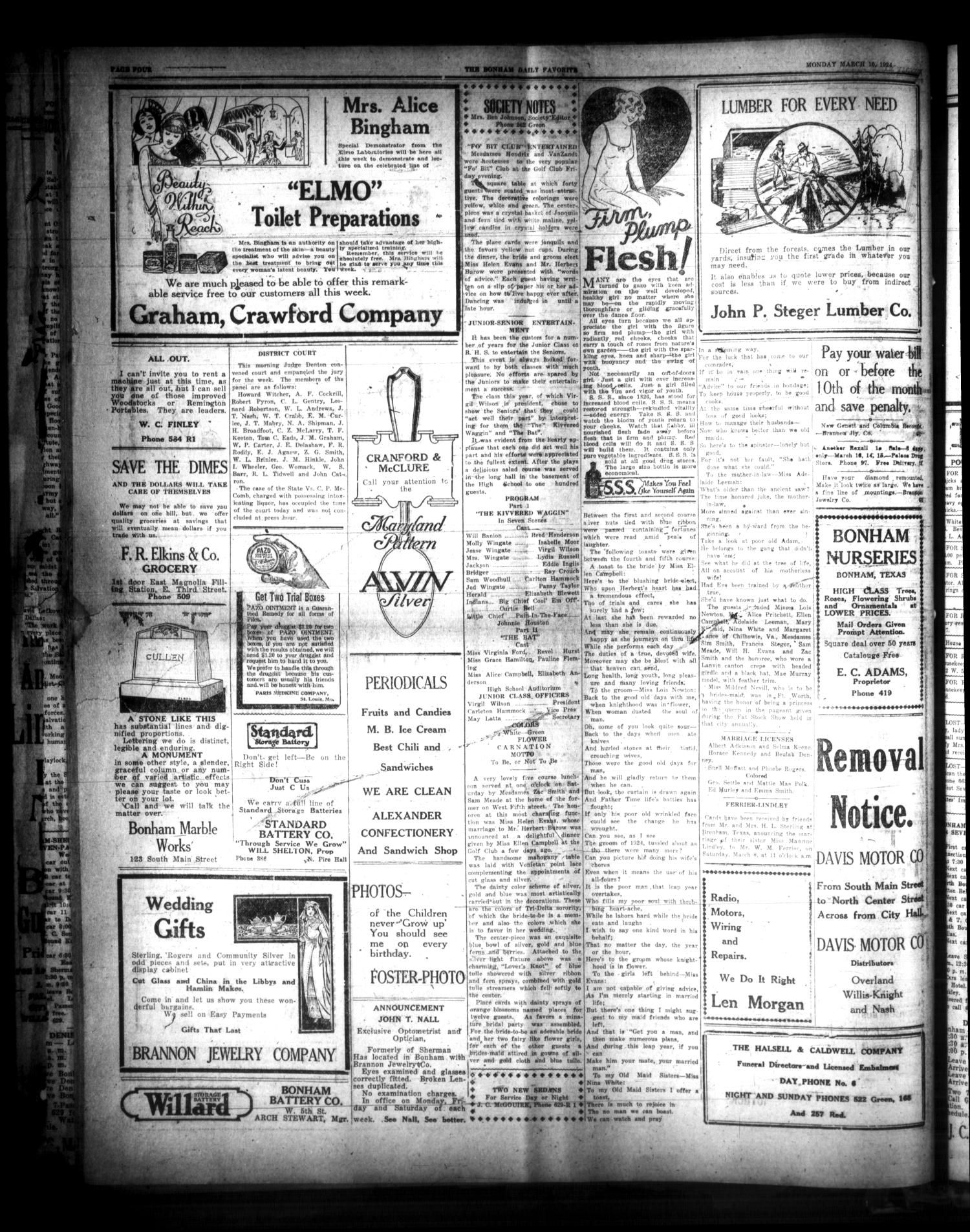 The Bonham Daily Favorite (Bonham, Tex.), Vol. 26, No. 211, Ed. 1 Monday, March 10, 1924
                                                
                                                    [Sequence #]: 4 of 6
                                                