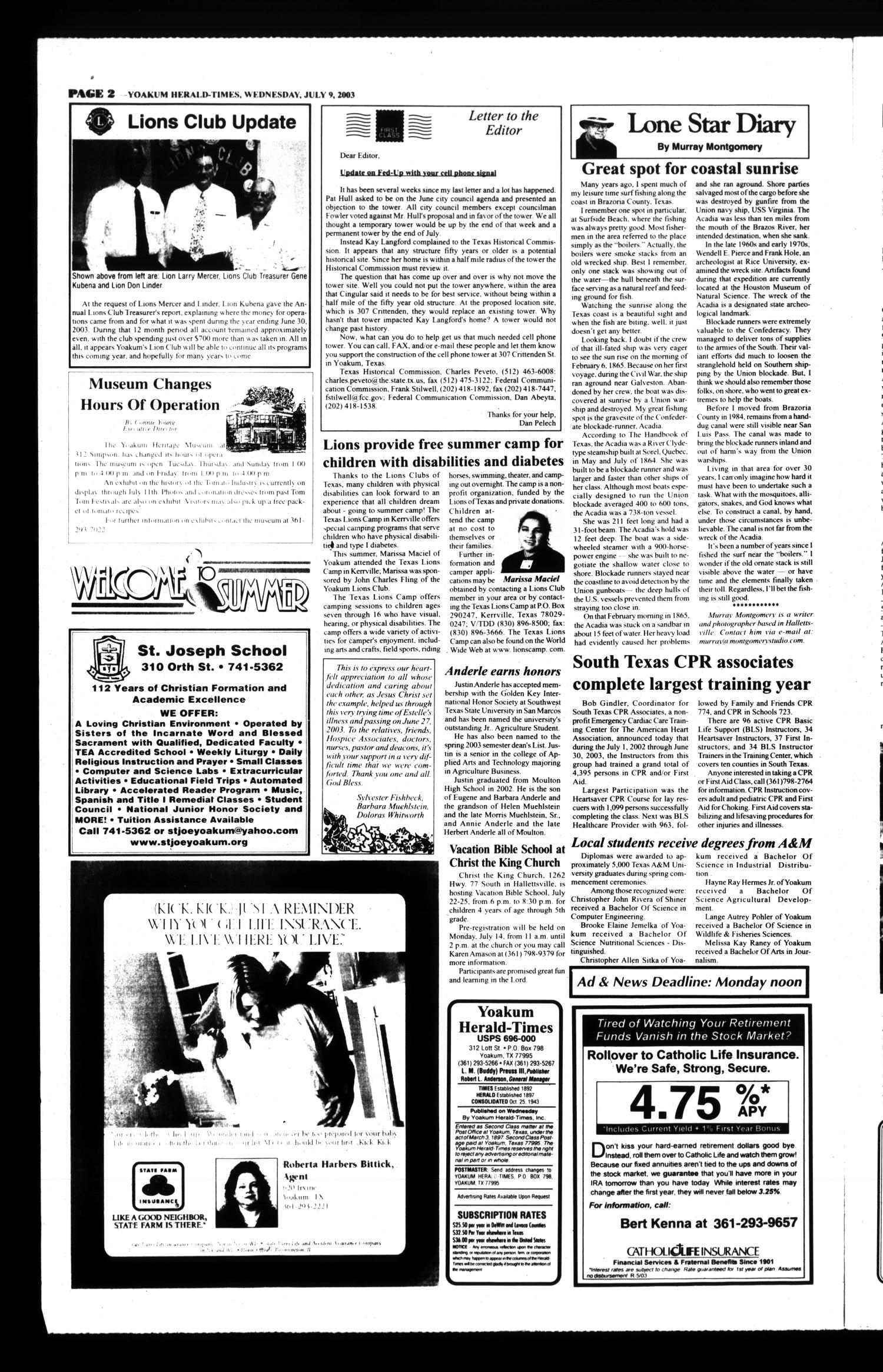 Yoakum Herald-Times (Yoakum, Tex.), Vol. 111, No. 28, Ed. 1 Wednesday, July 9, 2003
                                                
                                                    [Sequence #]: 2 of 10
                                                