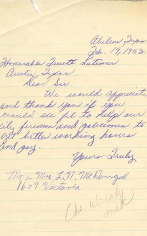 [Letter from Mr. and Mrs. L. N. McDougal, February 19, 1953]