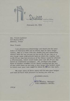 [Letter from Jess Whatley to Truett Latimer, February 20, 1954]