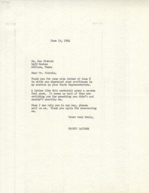 [Letter from Truett Latimer to Bee Nichols, June 12, 1954]