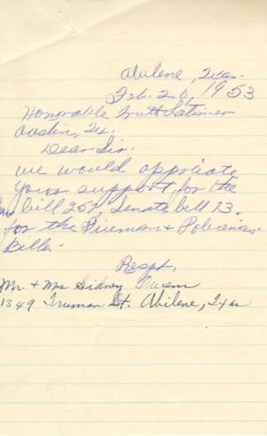 [Letter from Mr. and Mrs. Sidney Owen to Truett Latimer, February 20, 1953]