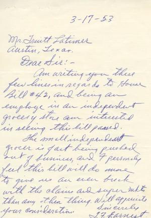 [Letter from T. F. Earnest to Truett Latimer, March 17, 1953]