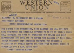 [Telegram from Ernest Grissom, March 3, 1953]