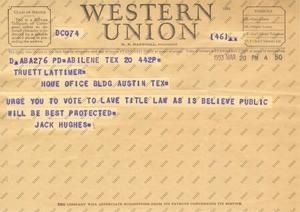 [Telegram from Jack Hughes, March 20, 1953]