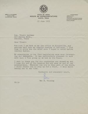 Primary view of object titled '[Letter from Ben A. Glusing to Truett Latimer, June 13, 1953]'.