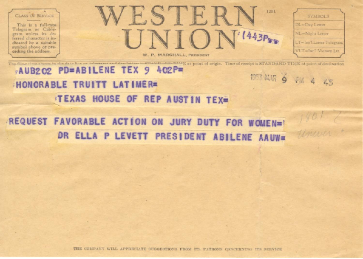 [Telegram from Ella P. Levett, March 9, 1953]
                                                
                                                    [Sequence #]: 1 of 1
                                                
