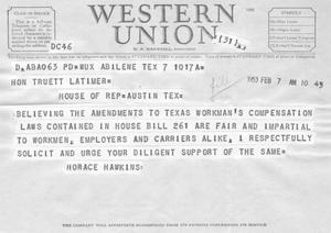 [Telegram from Horace Hawkins, February 7, 1953]