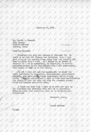 [Letter from Truett Latimer to Austin F. Hancock, February 19, 1953]