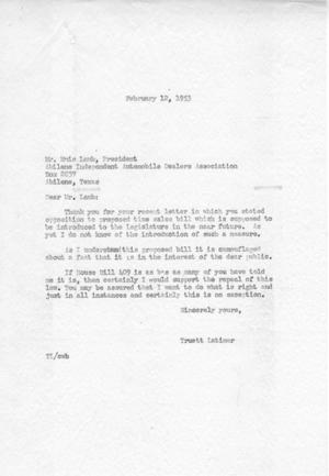 [Letter from Truett Latimer to Huie Lamb, February 12, 1953]