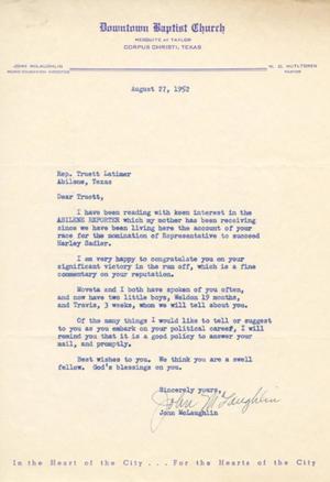 Primary view of object titled '[Letter from John McLaughlin to Truett Latimer, August 27, 1952]'.