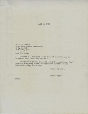 [Letter from Truett Latimer to J. O. Evetts, April 15, 1953]