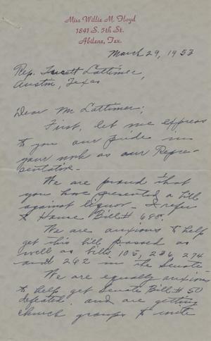 Primary view of object titled '[Letter from Miss Willie M. Floyd to Truett Latimer, March 29, 1953]'.