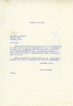 [Letter from Truett Latimer to Bill G. Newman, February 16, 1953]