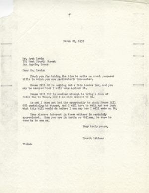 Primary view of object titled '[Letter from Truett Latimer to Arch Lewis, March 27, 1953]'.
