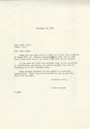 [Letter from Truett Latimer to Sarah Payne, February 12, 1953]