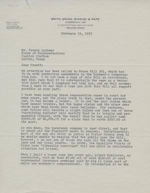 [Letter from Tom K. Eplen to Truett Latimer, February 19, 1953]