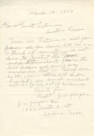 [Letter from J. W. Yeargan to Truett Latimer, March 18, 1953]