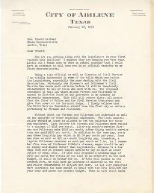 [Letter from Bob Priddy to Truett Latimer, February 12, 1953]