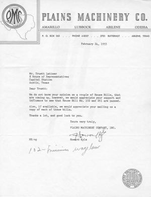 [Letter from Howard Kyle to Truett Latimer, February 24, 1953]
