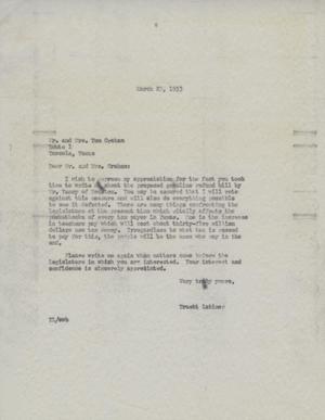 Primary view of object titled '[Letter from Truett Latimer to Mr. Tom Graham and Mrs. Tom Graham, March 23, 1953]'.