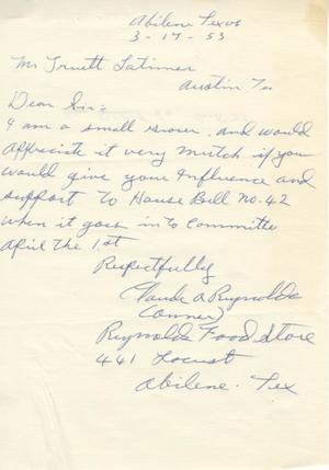 [Letter from Claude A. Reynolds to Truett Latimer, March 17, 1953]