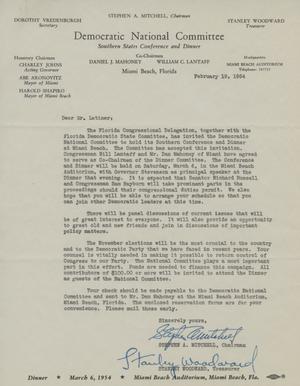 Primary view of object titled '[Letter from Stephen A. Mitchell and Stanley Woodward to Truett Latimer, February 19, 1954]'.