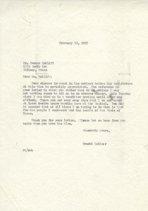 [Letter from Truett Latimer to George Ratliff, February 12, 1953]
