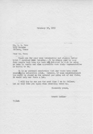 [Letter from Truett Latimer to S. E. Pass, February 17, 1953]