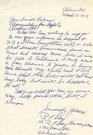 [Letter from R. F. Day to Truett Latimer, March 17, 1953]