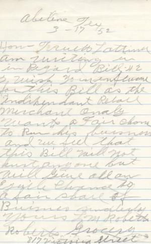 [Letter from L. M. Robert to Truett Latimer, March 17 1953]