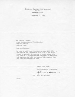 [Letter from Mrs. Leo Herndon to Truett Latimer, February 17, 1953]