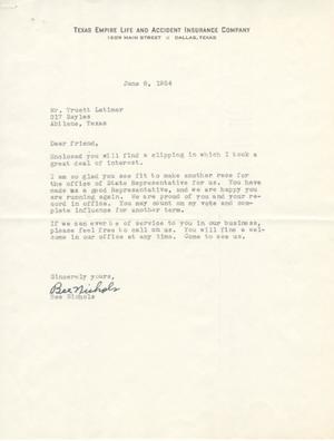 [Letter from Bee Nichols to Truett Latimer, June 8, 1954]