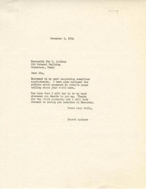Primary view of object titled '[Letter from Truett Latimer to Jim T. Lindsey, November 5, 1954]'.