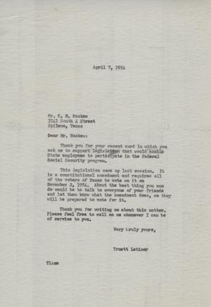 [Letter from Truett Latimer to C. N. Haskew, April 7, 1954]