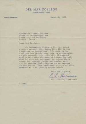 Primary view of object titled '[Letter from E. L. Harvin to Truett Latimer, March 1, 1953]'.