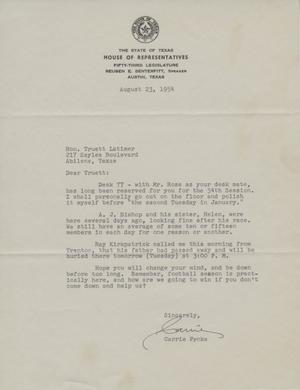 [Letter from Carrie Frnka to Truett Latimer, August 23, 1954]