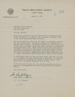 [Letter from J. W. Edgar to Truett Latimer, August 13, 1953]